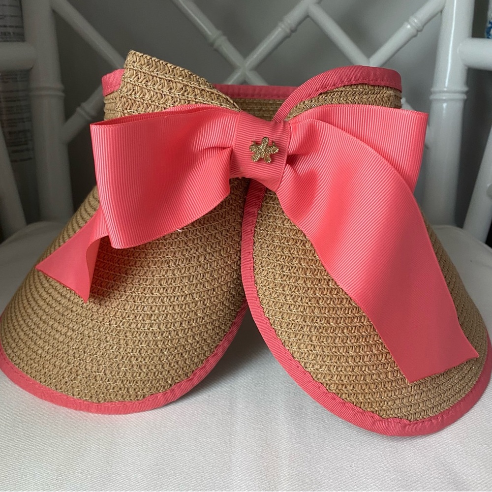 Mud Pie Coral Pink Ribbon Roll Up Straw Visor